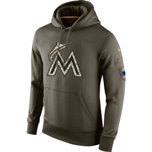 Men's Miami Marlins Nike Olive Salute To Service KO Performance Hoodie - Click Image to Close